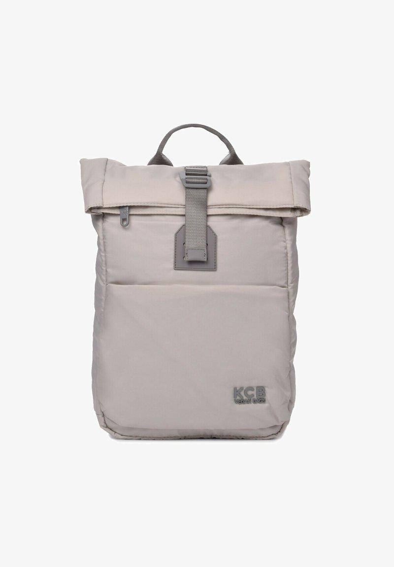 Gray roll-top backpack with a stitched design, adjustable strap, and a subtle logo. Made from soft, durable, water-resistant fabric.