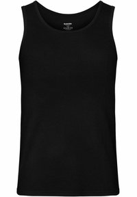 Black sleeveless tank top with round neckline, plain design, and visible inner label at the back collar.