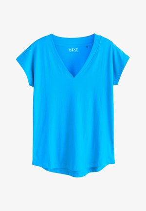 Tricou de culoare albastru strălucitor, cu mâneci scurte și decolteu în V, tiv ușor curbat, realizat dintr-un material moale, cu etichetă "NEXT" în interiorul gulerului.
