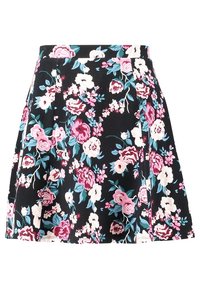 Jupe patineuse fleurie en tissu noir, ornée de fleurs roses et bleues. Design plissé offrant une silhouette évasée.