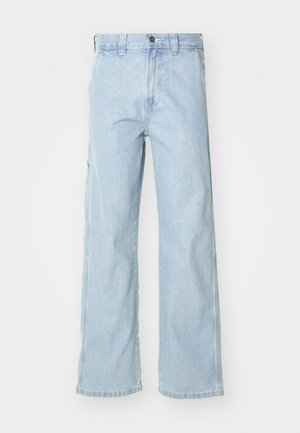 Light blue denim jeans with a relaxed fit, featuring a high waist, front pockets, and a straight leg design. Surfaces have a soft texture.