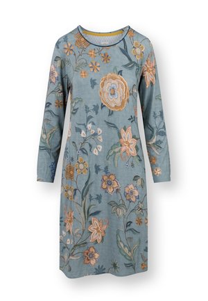 Long-sleeve knee-length dress in muted teal with ribbed texture, featuring embroidered large floral patterns in orange, yellow, and blue tones.