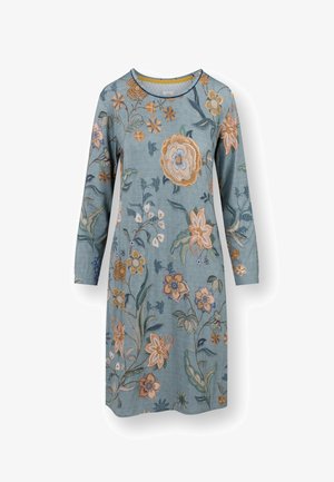 Long-sleeve knee-length dress in muted teal with ribbed texture, featuring embroidered large floral patterns in orange, yellow, and blue tones.