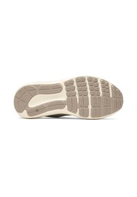 Sohle eines Schuhs mit einer strukturierten Gummibasis in Beige, versehen mit rutschfesten Mustern, unterstützenden Rillen und einer glatten weißen Kante.
