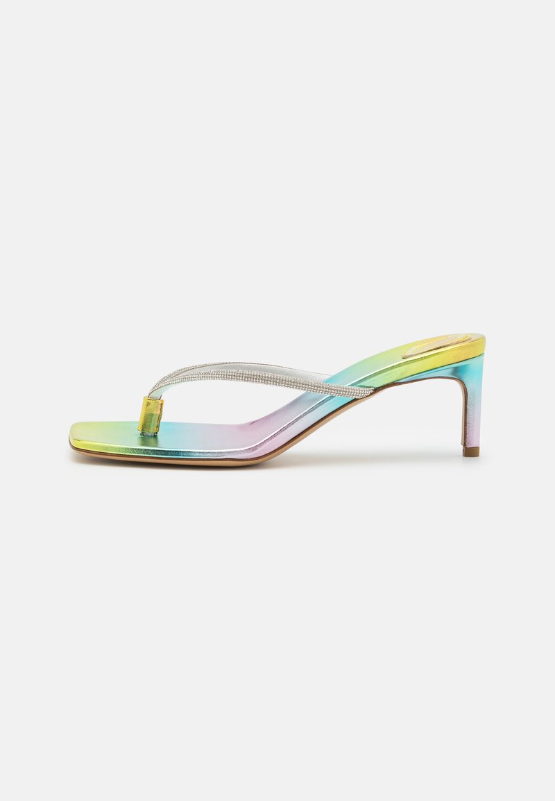Rainbow gradient thong sandal with a sleek design, thin silver strap, and a low heel. Smooth, reflective surface with a minimalistic style.