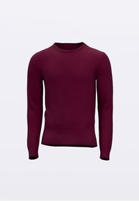 Pull en tricot bordeaux à manches longues avec un col rond, des poignets et un ourlet côtelés. Texture lisse, coupe slim, sans motifs ni ornements.