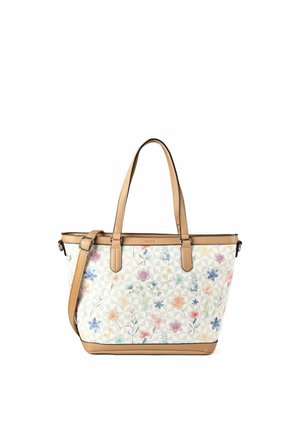 Biała torba na ramię z pastelowym, wielokolorowym kwiatowym wzorem, brązowymi skórzanymi uchwytami i regulowanym paskiem na ramię.