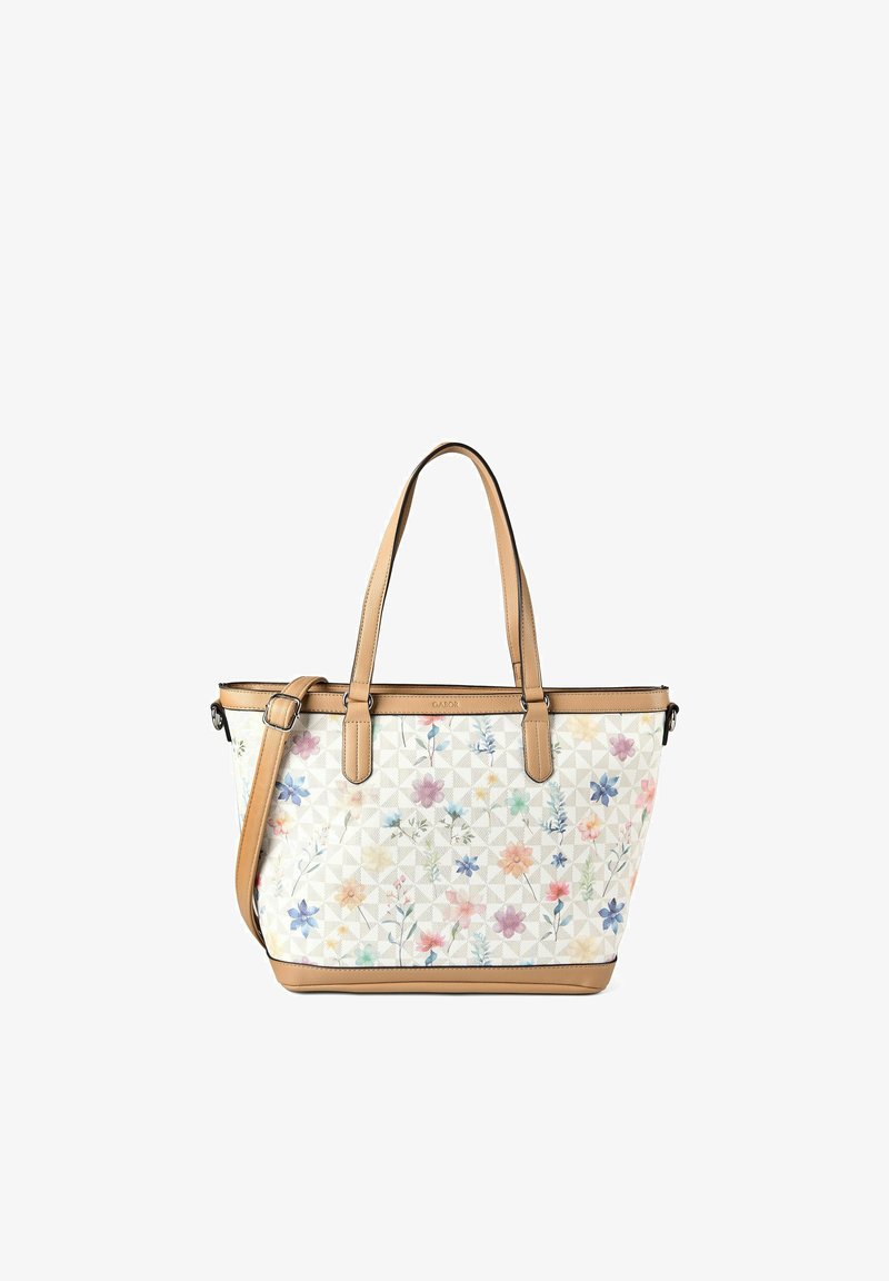 Sac fourre-tout blanc avec motif floral multicolore pastel, poignées en cuir beige et bandoulière réglable.