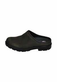 Bruna läderträsko med rund tå, gummisulor och slip-on design. Har sömmar längs kanterna och en slät yta.