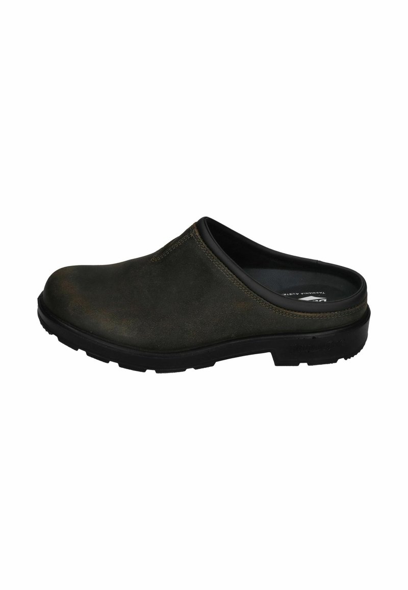 Bruna läderträsko med rund tå, gummisulor och slip-on design. Har sömmar längs kanterna och en slät yta.