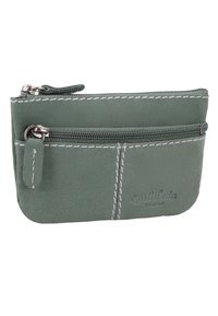 Malá zelená kožená mince s dvěma kapsami na zip a bílým šitím.
