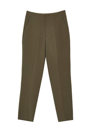 Olivgrüne, maßgeschneiderte Hosen mit flachem Bund, zwei seitlichen Taschen und schmalem, geradem Bein. Glatte Textur und klare Linien. Keine sichtbaren Verschlüsse.