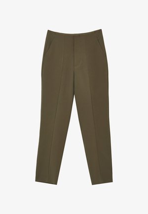 Pantaloni verdi oliva, su misura, con parte anteriore liscia, due tasche laterali e gambe dritte e strette. Tessuto liscio e linee pulite. Nessun chiusura visibile.