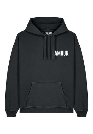 Sweat à capuche gris foncé en mélange de coton. Doté d'une poche kangourou et d'un texte "AMOUR" blanc sur le côté gauche. Coupe standard, poignets côtelés.