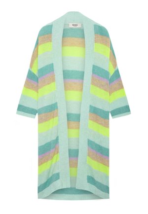 Langer Cardigan mit offenem Vorderteil und waagerechten Streifen in Mintgrün, Gelb, Beige, Lila und Türkis, mit halblangen Ärmeln.