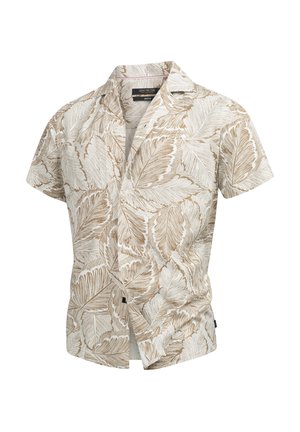Camicia a maniche corte con sfondo crema e motivi di foglie marroni, dotata di colletto e bottoni davanti. Tessuto leggero.
