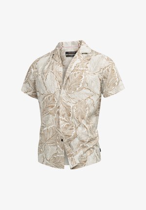 Kortærmet skjorte med en cremefarvet baggrund og brune bladmønstre, med krave og knapper ned ad fronten. Letvægtsstof.
