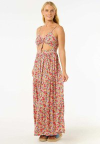 Maxi jurk met een bloemenpatroon in roze, rood en blauw, met een uitsnijdingen ontwerp, spaghettibandjes en een gelaagde rok.