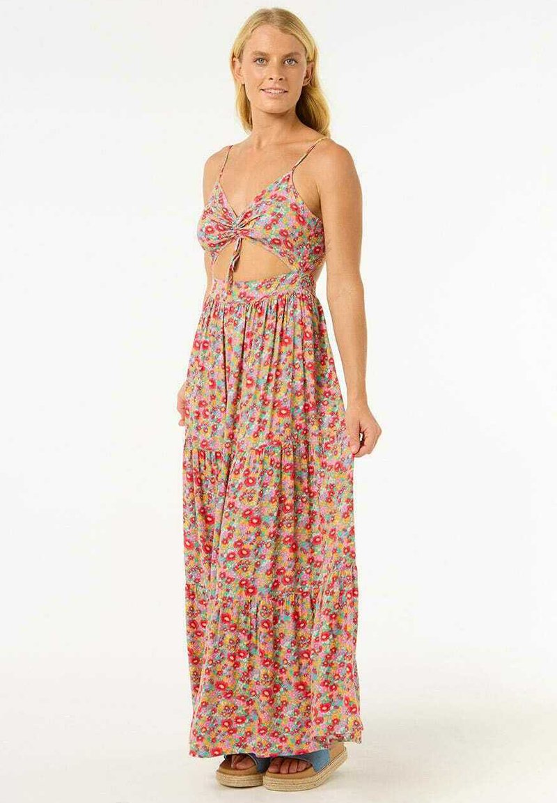 Maxi jurk met een bloemenpatroon in roze, rood en blauw, met een uitsnijdingen ontwerp, spaghettibandjes en een gelaagde rok.