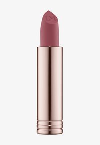 Rossetto opaco in una leggera tonalità mauve con punta affusolata, contenuto in un tubo rosa oro lucido con dettagli texturizzati e una base curva.