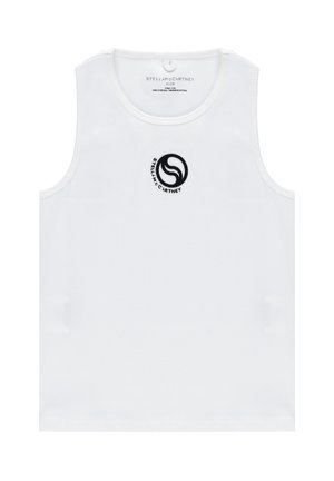 Top bianco senza maniche per bambini con collo rotondo e logo circolare nero Stella McCartney al centro del petto.