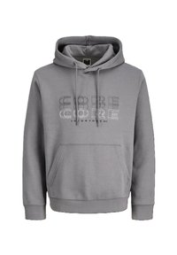 Felpa grigia con cappuccio, dotata di tasca frontale e grafica testuale a strati "CORE" in linee nere e bianche sul petto.