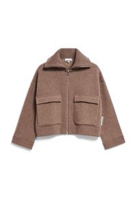 Brun zip-up jacka gjord av ett texturerat tyg, med en vid krage och två framfickor. Kortsiktig längd och avslappnad passform.