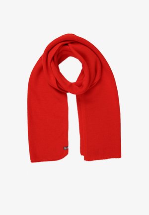 Sciarpa rossa in maglia con una consistenza morbida, caratterizzata da una finitura liscia e un piccolo etichetta con il marchio a un'estremità.