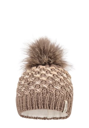 Knitted brown winter hat with cream accents, lined interior, and large fluffy pom-pom on top.