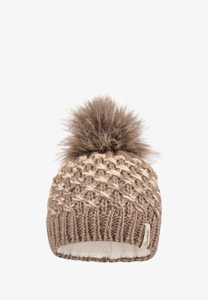 Knitted brown winter hat with cream accents, lined interior, and large fluffy pom-pom on top.
