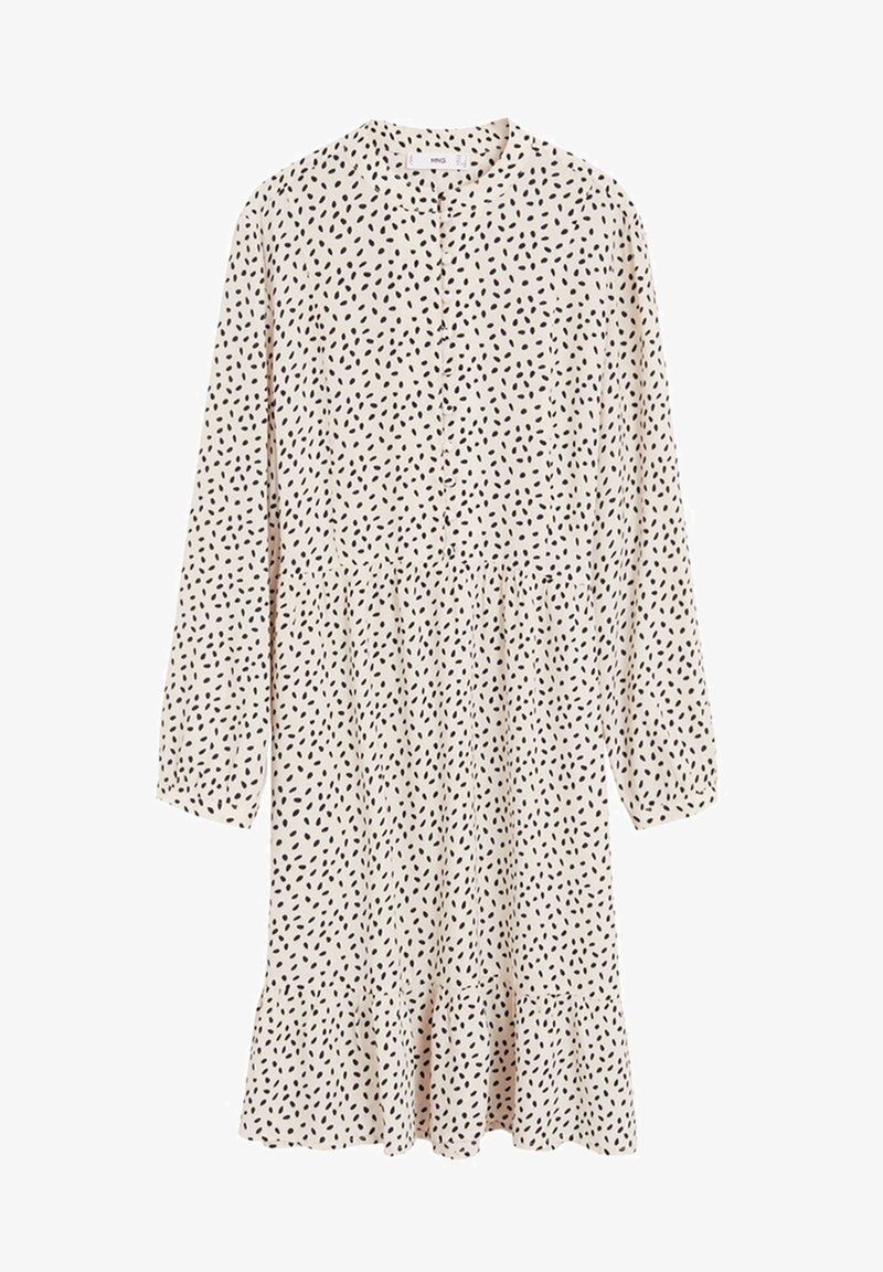 Robe beige à manches longues avec motif de pois noirs irréguliers, col rond, boutonnage devant et ourlet volanté.