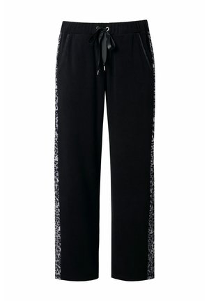 Black fleece pants with elastic waistband and satin drawstring, featuring leopard print side stripes and front pockets.
