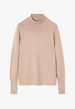 Beige garbó pulóver, puha kötött anyagból készült. Bordázott nyakkivágással és mandzsettával rendelkezik, laza fazonú és raglánujjú. Sima textúrájú.