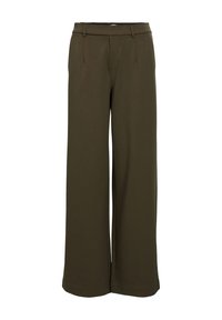 Široké kalhoty v olivově zelené tkanině, se hladkým povrchem, předními skladbami a plochým pasem s odkazy na pásek.