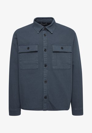 Dunkelblaues Hemd mit Knöpfen aus strapazierfähigem Stoff, mit einem spitzen Kragen, zwei vorderen Taschen und schwarzen Knöpfen entlang der Knopfleiste.