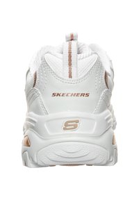 White Skechers athletic shoe with mesh and synthetic upper, featuring a textured sole, back pull tab, and rose gold accents.