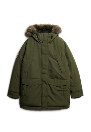 Olive green parka jacket with a detachable faux fur trim hood, two large front pockets, and a zippered front closure. Features adjustable cuffs.