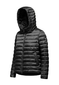 Giubbotto imbottito nero con design trapuntato, cappuccio e chiusura con zip. Presenta una tasca laterale e una texture liscia e lucida.