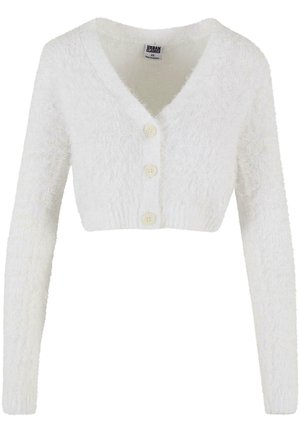Cardigan corto bianco realizzato in materiale soffice, con scollatura a V, maniche lunghe e tre bottoni frontali. Design semplice e testurizzato.