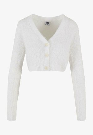 Weißer, kurzer Cardigan aus flauschigem Material mit V-Ausschnitt, langen Ärmeln und drei Vorderknöpfen. Einfaches und strukturiertes Design.