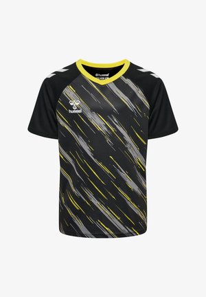 Schwarzes Sporttrikot mit gelben und grauen diagonalen Streifen, kurzen Ärmeln und rundem Ausschnitt. Mit einem Logo auf der Vorderseite.