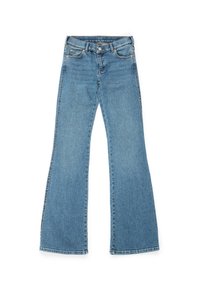 Ljusblå denimbyxor med utsvängd bendesign, fem fickor, knappstängning och kontrasterande sömmar längs sidsömmarna.