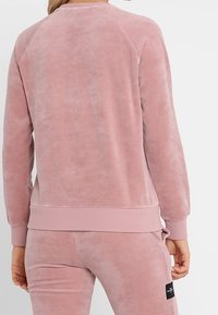 Sudadera de terciopelo rosa claro con mangas raglán, puños y dobladillo acanalados. Cuenta con una pequeña etiqueta de marca en la parte inferior izquierda.