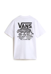 Bílá bavlněná tričko s černým grafickým potiskem tygra a logem Vans na zadní straně, se textem včetně "Off The Wall" a kontaktními údaji.