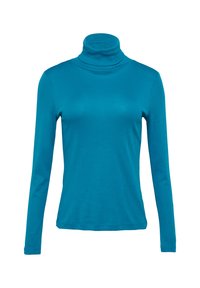 Teal lange mouw turtleneck top van zachte, rekbare stof. Heeft een hoge hals en een aansluitend ontwerp met minimale details.