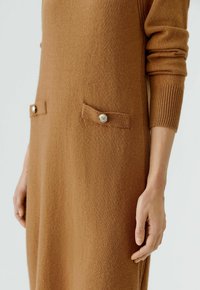 Strickkleid in warmem Braun mit seitlichen Taschen und metallischen Knöpfen. Strukturierte Oberfläche mit gerippten Bündchen und langen Ärmeln.