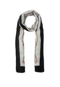 Foulard in seta con uno sfondo grigio chiaro e bordo nero, decorato con un motivo a catena e dettagli marroni. Texture morbida e leggera.