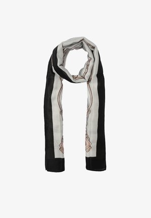 Foulard in seta con uno sfondo grigio chiaro e bordo nero, decorato con un motivo a catena e dettagli marroni. Texture morbida e leggera.