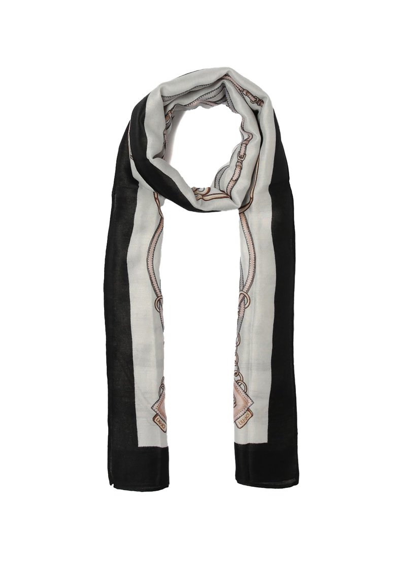 Foulard in seta con uno sfondo grigio chiaro e bordo nero, decorato con un motivo a catena e dettagli marroni. Texture morbida e leggera.