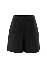Shorts en lin noirs avec fermeture à bouton, taille avec cordon de serrage, avant plissé et ourlet au-dessus du genou.